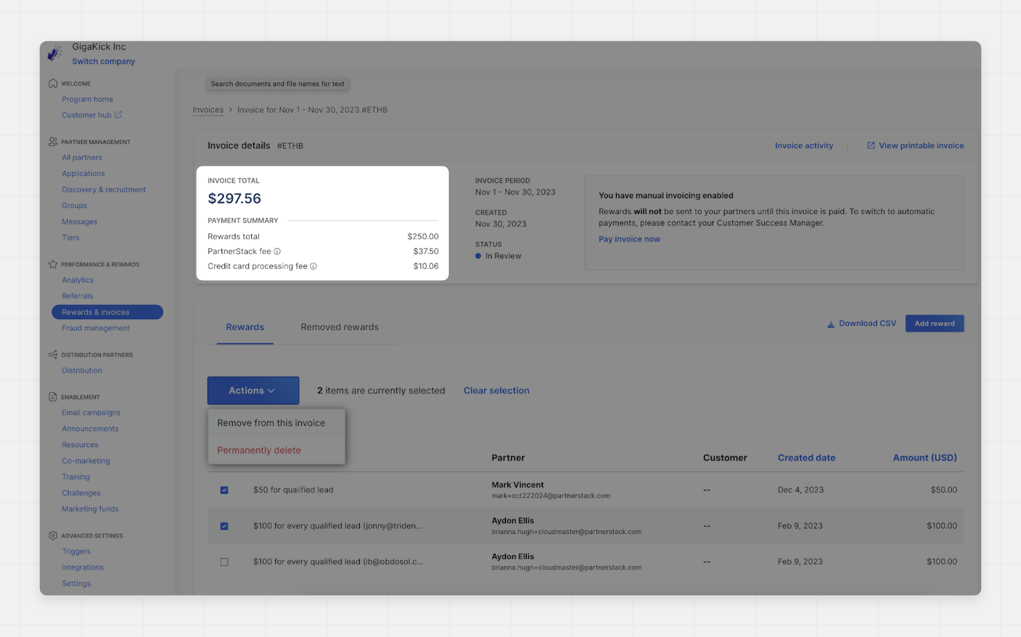 PartnerStack fees for partner payouts